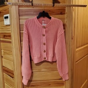 Free People Bubble Gum All Yours Cropped Chunky Knit Cardigan Sweater Large